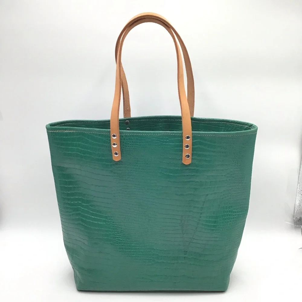 Handmade Tote Bag croc embossed green tan leather large handbag New